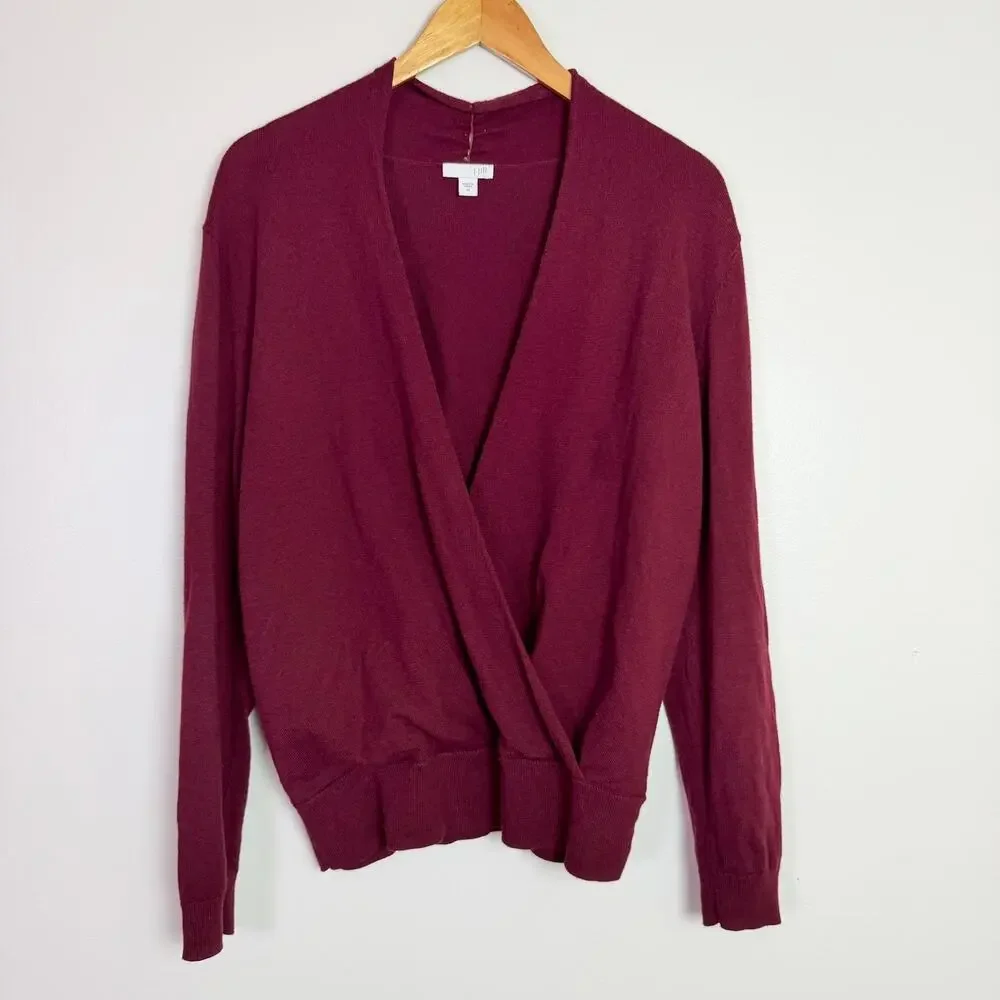 J. Jill Burgundy Cross Wrap Surplice Sweater Women's M Silk Wool Blend Classic